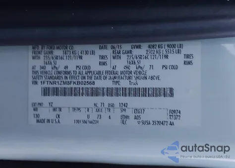 2015 Ford Transit-250 z USA, uszkodzony, nr VIN 1FTNR1ZM8FKB02568